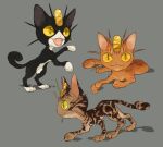  alternate_fur_color animal_focus cat coin commentary gold grey_background koban_(gold) leopard_cat meowth multiple_cats nyala_(nyala_766) orange_cat pokemon pokemon_(creature) pokemon_focus simple_background tuxedo_cat 