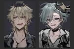  2boys absurdres ahoge belt belt_collar black_belt black_shirt blonde_hair blood blood_on_face blue_eyes border buttons choker collar collarbone collared_shirt commentary earrings fangs genshin_impact gloves grabbing_another's_hair green_hair grey_background grey_border hair_between_eyes half-closed_eyes highres holding_another's_hair implied_yaoi jewelry lapels lohen_(genshin_impact) lohen_(standardized_test)_(genshin_impact) looking_at_viewer male_focus medium_hair mole mole_under_eye multicolored_eyes multiple_boys necklace official_alternate_costume open_collar pinstripe_pattern pinstripe_vest sasa234 scar scar_on_face shirt short_hair single_earring smile untranslatable_commentary upper_body varka_(genshin_impact) vest waistcoat white_shirt 
