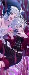  1boy 1girl absurdres bare_shoulders belt black_bow black_eyes black_shorts black_vest bow breasts cleavage coat commentary_request detached_sleeves donut dual_persona fate/grand_order fate_(series) food francesca_prelati_(fate) francois_prelati_(fate) gon_oekaki grey_hair grey_leotard grey_thighhighs hair_bow highres leotard licking licking_finger long_hair long_sleeves looking_at_viewer medium_breasts necktie open_mouth parted_bangs red_coat ringed_eyes shirt short_hair shorts sidelocks smile striped_clothes striped_leotard thighhighs thighs umbrella very_long_hair vest white_shirt 
