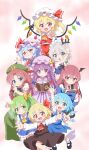  6+girls :< :o :| \||/ absurdres ahoge apron arm_up ascot beret between_fingers black_bow black_shoes black_skirt black_vest blonde_hair blue_bow blue_dress blue_eyes blue_hair blush book bow braid braided_sidelocks brooch capelet chibi chibi_only cirno clenched_hand closed_mouth collar collared_shirt commentary_request crescent crescent_hat_ornament crystal_wings daiyousei detached_wings dot_nose dress dress_shirt embodiment_of_scarlet_devil fairy_wings fang fang_out fighting_stance flandre_scarlet frilled_collar frilled_dress frills full_body green_bow green_dress green_eyes green_hair green_hat grey_hair hair_between_eyes hair_bow hair_intakes hair_ribbon hat hat_bow hat_ornament hexagram highres holding holding_book hong_meiling hugging_book hugging_object ice ice_wings izayoi_sakuya jewelry knife koakuma laevatein_(touhou) large_bow long_sleeves looking_at_viewer maid maid_headdress mob_cap multicolored_wings multiple_girls multiple_hair_bows necktie open_book outstretched_arms patchouli_knowledge pink_background pink_hat pointy_ears puffy_short_sleeves puffy_sleeves purple_capelet purple_dress purple_eyes purple_hair purple_hat red_ascot red_bow red_eyes red_hair red_necktie red_skirt red_vest remilia_scarlet ribbon rumia shirt shoes short_hair short_sleeves side_ponytail sidelocks simple_background skin_fang skirt skirt_set socks spread_arms striped_clothes striped_dress touhou tress_ribbon twin_braids v-shaped_eyebrows vertical-striped_clothes vertical-striped_dress vest waist_apron white_background white_hat white_shirt white_socks wide_sleeves wings wrist_cuffs yellow_ascot yellow_bow yige_lurenjia 