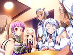  1boy 5girls agnes_ardbeg_augustus animal_ears blonde_hair blue_eyes blue_hair cat_ears cleo_cragganmore eyes_closed game_cg harem_party hat long_hair moriuji_waka multiple_girls nia_schlichte purple_hair red_eyes short_hair sofisutia_gushigusu uru_schlichte witch_hat 