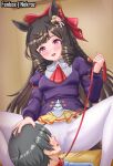  1boy 1girl absurdres animal_ears ascot bib_collar black_hair blue_shirt blush bow braid breasts brown_hair collar collared_shirt commentary_request daiichi_ruby_(brilliant_red_gemstone)_(umamusume) daiichi_ruby_(umamusume) dress drill_hair drill_sidelocks ear_flower english_commentary gothic_lolita hair_bow hair_ornament highres holding holding_leash horse_ears horse_girl horse_tail leash lolita_fashion long_hair long_sleeves nekroz7 pantyhose puffy_sleeves purple_dress purple_eyes red_ascot shirt shoes short_hair side_drill sidelocks sitting small_breasts smile tail trainer_(umamusume) umamusume white_pantyhose 