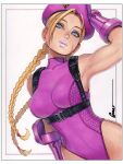  1girl alternate_color belt_collar blonde_hair blue_eyes border braid breasts cammy_white collar collared_shirt commentary english_commentary hat highres marker_(medium) omar_dogan open_mouth parted_lips pink_hat pink_shirt shirt sleeveless solo standing street_fighter traditional_media twin_braids white_background white_border 