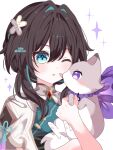  1girl aged_down animal aqua_eyes brown_hair cat chinese_clothes commentary_request flower hair_flower hair_ornament highres hitsuki_(ruon) holding holding_animal holding_cat honkai:_star_rail honkai_(series) licking licking_another's_face multicolored_hair official_alternate_costume parted_lips portrait ruan_mei_(honkai:_star_rail) ruan_mei_(little_cat)_(honkai:_star_rail) short_hair_with_long_locks simple_background solo streaked_hair white_background 