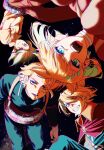  1girl 3boys as_mackerel blonde_hair commentary_request dr._stone e=mc2_(equation) equation gradient_hair green_hair highres ishigami_senkuu kohaku_(dr._stone) multicolored_hair multiple_boys nanami_ryuusui smile space spiked_hair split-color_hair stanley_snyder_(dr._stone) tall_hair two-tone_hair zero_gravity 