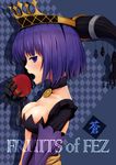  apple argyle argyle_background blush breasts cleavage copyright_name cover cover_page fantasy_earth_zero food from_side fruit gauntlets holding medium_breasts meile open_mouth purple_eyes purple_hair short_hair solo 