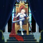  1boy armor black_gloves blonde_hair blue_eyes breastplate cape commentary_request commission crossed_legs crown curtains figure_four_sitting full_armor fur-trimmed_cape fur_trim gloves greaves green_eyes heterochromia highres looking_at_viewer mizorewaku on_throne original pillar poleyn red_cape sabaton short_hair shoulder_armor sitting smile solo stained_glass stairs throne vambraces 