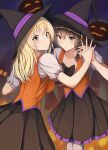  2girls alternate_costume alternate_headwear black_bow black_bowtie black_hat black_skirt blonde_hair blush bow bowtie breasts brown_eyes brown_hair closed_mouth collarbone commentary_request dancing flat_chest frilled_skirt frilled_sleeves frills fumei_(mugendai) hair_bow halloween hat holding_hands house interlocked_fingers long_hair maribel_hearn medium_hair multiple_girls night orange_vest pantyhose puffy_short_sleeves puffy_sleeves pumpkin purple_eyes shirt short_sleeves skirt smile standing touhou usami_renko vest white_bow white_pantyhose white_shirt witch_hat yuri 