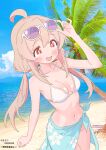  1girl :d ahoge alternate_costume bare_arms bare_shoulders beach bikini blue_sarong blue_sky blush breasts brown_eyes collarbone commentary cowboy_shot day eyewear_lift floral_print_sarong hair_between_eyes halterneck highres long_hair low_twintails nail_polish navel onii-chan_wa_oshimai! open_mouth outdoors oyama_mahiro pa_panahana palm_tree pink_nails purple-tinted_eyewear sand sarong sky small_breasts smile solo stomach string_bikini sunglasses swimsuit tinted_eyewear tree triangle_bikini_top twintails water white-framed_eyewear white_bikini 