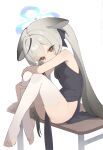  1girl absurdres animal_ears barefoot biluoyao black_dress black_streaks blue_archive blue_halo brown_eyes china_dress chinese_clothes desk dress full_body grey_hair halo highres kokona_(blue_archive) long_hair multicolored_hair on_desk panties panty_peek pelvic_curtain school_desk sidelocks simple_background sitting solo streaked_hair thighhighs tiger_ears toes twintails underwear very_long_hair white_background white_panties white_thighhighs 
