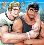  +++ 2boys arm_around_shoulder arm_hair beard_stubble black_hair black_tank_top blonde_hair blue_eyes blush crossed_arms earclip facial_hair hair_ornament hairclip highres looking_at_another male_focus multicolored_hair multiple_boys muscular muscular_male one_eye_closed open_mouth original print_shirt red_eyes shirt short_hair short_sleeves sideburns smile stubble suamaru sweatdrop t-shirt tank_top thick_eyebrows two-tone_hair wristband 