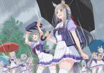  6+girls ahoge animal_ears aqua_bow back_bow bag biwa_hayahide_(umamusume) blue_eyes blunt_bangs blush bow bowtie breasts brown_hat cellphone chrono_genesis_(umamusume) closed_mouth cloud cloudy_sky color_connection commentary_request curren_chan_(umamusume) donut ear_bow ear_covers ear_ribbon eating flower food glasses gold_ship_(umamusume) grey_hair grey_tail hair_between_eyes hair_color_connection hair_flower hair_ornament hairband hairclip hat headband highres hishi_miracle_(umamusume) holding holding_donut holding_food holding_phone holding_umbrella horse_ears horse_girl horse_tail horseshoe_ornament large_bow large_breasts long_hair masaki_shino medium_breasts mejiro_mcqueen_(umamusume) multicolored_hair multicolored_hairband multiple_girls oguri_cap_(umamusume) one_eye_closed open_mouth outdoors phone pillbox_hat pleated_skirt puffy_short_sleeves puffy_sleeves purple_bow purple_bowtie purple_eyes purple_hair purple_shirt rain red-framed_eyewear red_bow red_headband running sailor_collar sailor_shirt school_bag school_uniform seiun_sky_(umamusume) selfie semi-rimless_eyewear shirt short_hair short_sleeves single_ear_cover skirt sky small_breasts smartphone smile striped_clothes striped_hairband summer_uniform sunflower sunflower_hair_ornament tail tamamo_cross_(umamusume) thighhighs thighs tracen_school_uniform tree two-tone_hairband umamusume umbrella under-rim_eyewear white_sailor_collar white_skirt white_thighhighs yellow_eyes zettai_ryouiki 