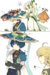 1girl 2boys aether_(genshin_impact) ahoge aranara_(genshin_impact) armlet armor black_bodysuit black_bow black_bridal_gauntlets black_hair black_shorts blonde_hair blue_cape blue_gem blue_hat blue_jingasa blue_kimono blue_sleeves blunt_ends bodysuit book bow braid bridal_gauntlets bright_pupils cape closed_mouth commentary covered_collarbone creature cross-shaped_pupils crossed_arms detached_sleeves dress flower flower_wreath furisode gem genshin_impact gold gold_armlet gold_ring gold_trim green_cape green_eyes green_sleeves h1j1k1desu hair_ornament hand_on_own_arm hat hat_over_eyes heart heart_hair_ornament highres japanese_clothes jewelry jingasa juban kimono korean_text layered_sleeves leaf long_hair looking_at_another low-braided_long_hair low-tied_long_hair mandarin_collar middle_ring multiple_boys musical_note nahida_(genshin_impact) notice_lines open_book open_clothes open_hand open_kimono pauldrons pink_flower pointy_ears purple_eyes purple_sash ringed_eyes sash scaramouche_(genshin_impact) scarf short_dress short_sleeves shorts shoulder_armor shoulder_peek side_cape side_ponytail sidelocks sideways_mouth single_pauldron smile spoken_musical_note symbol-shaped_pupils translation_request untranslatable_commentary vision_(genshin_impact) wanderer_(genshin_impact) white_dress white_flower white_hair white_kimono white_pupils white_scarf white_sleeves yellow_eyes zzz 