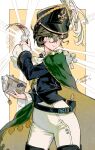  1girl absurdres ascot black_hat black_jacket border brown_hair cape chinese_commentary commentary_request cowboy_shot enioreh green_cape green_eyes hand_up hat hat_feather highres holding holding_notebook holding_quill jacket looking_to_the_side military_hat mole mole_under_eye notebook outside_border pants quill recoleta_(reverse:1999) reverse:1999 short_hair smile solo white_ascot white_border white_pants yellow_background 