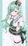  1girl absurdres armband armpit_crease bare_shoulders blush breasts center_frills crown earrings frilled_wrist_cuffs frills gloves green_hair hair_behind_ear hair_ornament highres idol_clothes jewelry large_breasts long_hair looking_at_viewer mini_crown moy purple_eyes skirt sleeveless smile solo thigh_strap two-tone_background virtual_youtuber vspo! white_background white_gloves wrist_cuffs yakumo_beni 