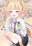  1girl :d alternate_costume black_skirt black_socks blonde_hair blunt_bangs blush bottle chair classroom collared_shirt commentary_request cough_syrup desk fang flower gradient_hair green_eyes hair_flower hair_ornament hairclip hand_on_own_cheek hand_on_own_face highres holding holding_bottle hololive indoors long_sleeves looking_at_viewer momosuzu_nene multicolored_hair necktie official_alternate_costume official_alternate_hairstyle open_mouth pink_hair pink_streaks pleated_skirt rainna red_necktie school_chair school_desk school_uniform shirt shoes sidelocks sitting skirt smile sneakers socks solo squatting streaked_hair teeth twintails upper_teeth_only virtual_youtuber white_shirt white_shoes 