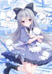  1girl ahoge apron bell black_shoes blue_background blue_bow blue_dress blue_eyes blurry blurry_foreground blush boots bow bowtie brooch commentary_request copyright_notice cowboy_shot cursor dated depth_of_field dress dress_bow english_text expressionless floating_hair frilled_apron frilled_dress frills grey_hair haconect hair_between_eyes hair_bow hair_intakes handbell happy_birthday highres holding holding_stuffed_toy izumi_nanase jewelry lace-up_boots leg_up long_sidelocks miniapron official_artist_extra puffy_short_sleeves puffy_sleeves ribbon shirokumata_beru shoes short_sleeves sidelocks sleeve_bow striped_bow striped_bowtie striped_clothes stuffed_animal stuffed_toy teddy_bear virtual_youtuber waist_apron window_(computing) 