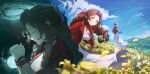  1girl absurdres aerith_gainsborough aircraft airship arms_behind_back braid braided_ponytail breasts brown_hair choker cleavage closed_eyes commentary dress field final_fantasy final_fantasy_vii final_fantasy_vii_rebirth final_fantasy_vii_remake flower flower_choker flower_field gold_trim green_eyes hair_ribbon hair_tie highres highwind jacket long_dress long_hair looking_at_viewer materia meadow medium_breasts outdoors own_hands_clasped own_hands_together parted_bangs parted_lips pink_dress pink_ribbon praying rain red_jacket ribbon sidelocks single_braid smile solo teeth thienk 