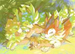 alternate_color apple berry_(pokemon) blue_eyes bright_pupils claws food fruit grass highres lycanroc lycanroc_(dusk) lycanroc_(midday) no_humans oran_berry pokemon pokemon_(creature) pokemon_focus rockruff seta629211 shiny_pokemon spikes white_pupils 