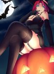 :q bare_shoulders bat blue_eyes breasts crossed_legs elbow_gloves from_below full_moon garter_straps gloves hat jack-o'-lantern kisaragi_yakumo large_breasts looking_at_viewer moon night original red_hair short_hair sitting solo tongue tongue_out witch_hat 