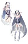  1girl absurdres armpits arms_up bare_shoulders black_bow black_eyes blush bow braid breasts cleavage collar colored_inner_hair commentary dress elbow_gloves fate/strange_fake fate_(series) fingerless_gloves francesca_prelati_(fate) frilled_collar frills full_body garter_straps gloves grey_hair grin hair_bow ham_cheese high_heels highres long_hair looking_at_viewer medium_breasts multicolored_hair multiple_views open_mouth panties pointing pointing_at_viewer ringed_eyes sidelocks skull_print smile striped_clothes striped_dress thighhighs underwear very_long_hair white_dress white_gloves white_hair white_panties white_thighhighs 