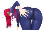  ass ass_focus bad_id bad_pixiv_id bent_over blue_eyes blush bodysuit cameltoe english fingernails from_behind hair_over_one_eye hand_on_ass highres infiltrator_irelia irelia league_of_legends long_hair looking_at_viewer looking_back mask purple_mii red_hair skin_tight solo thigh_gap tight 