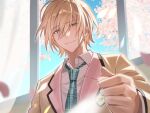  1boy blonde_hair blue_eyes closed_mouth collared_shirt commentary_request ensemble_stars! eyes_visible_through_hair green_necktie hair_between_eyes highres holding holding_petal lapels looking_at_viewer male_focus necktie notched_lapels petals pink_petals plaid_clothes plaid_necktie school_uniform shirt short_hair smile solo tenshouin_eichi upper_body urakiarumu window wing_collar 