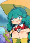  1girl blue_flower blush boots collared_shirt commentary contrast_collar curly_hair flower green_eyes green_hair highres holding holding_umbrella horns hydrangea kariyushi_shirt komainu_girl komano_aunn long_hair open_mouth outdoors pink_flower purple_flower rain red_shirt rounded_collar shirt short_sleeves single_horn smile solo squatting touhou twitter_username uchisaki_himari umbrella yellow_boots yellow_umbrella 