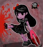  1girl black_eyes black_hair blood bow clawed_girl claws copyright_name dress english frown hair_bow kicking purple_skin ribbon scar skirt solo stitches sukaponta they_bleed_pixels title_drop 