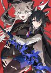  2girls absurdres animal_ears arknights arm_around_another's_waist arm_up black_cape black_gloves black_hair black_pantyhose black_skirt blue_gloves blue_shorts cape commentary crossed_bangs fingerless_gloves fingernails gloves green_eyes grey_cape grey_hair hair_between_eyes hair_ornament hairclip highres holding holding_sword holding_weapon jia_ma lappland_(arknights) lappland_the_decadenza_(arknights) long_hair long_sleeves looking_at_viewer magic material_growth multiple_girls open_mouth orange_eyes oripathy_lesion_(arknights) pantyhose parted_lips red_background red_cape scar scar_across_eye scar_on_face sharp_teeth shorts skirt sword teeth texas_(arknights) texas_the_omertosa_(arknights) torn_clothes torn_pantyhose two-sided_cape two-sided_fabric weapon wolf_ears wolf_girl 