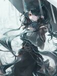  1girl alternate_costume arknights black_hair black_skirt commentary detached_collar detached_sleeves dragon_girl dragon_horns dusk dusk_(arknights) earrings finger_to_mouth green_hands green_horns hair_extensions hair_over_one_eye highres holding holding_umbrella horns jewelry long_hair pointy_ears red_eyes ring_hair_extensions signature skirt solo tassel tassel_earrings umbrella watermark yuzuki_nwk 