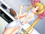 1girl apron ass blonde_hair blush cooking dutch_angle from_behind frying_pan game_asset kamei kitchen long_hair looking_back naked_apron non-web_source official_art open_mouth red_eyes ribbon sakurai_asahi_(seisenki_valkyrie_sisters) seisenki_valkyrie_sisters self-datamine smile solo spatula stove tile_wall tiles twintails variant_set visual_novel_cg 