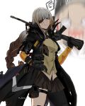  2girls absurdres assault_rifle english_commentary eyepatch girls'_frontline gloves grey_hair gun highres holding holding_gun holding_weapon long_hair m16 m16a1 m16a1_(boss)_(girls'_frontline) m16a1_(girls'_frontline) m4_sopmod_ii_(girls'_frontline) m4_sopmod_ii_jr multicolored_hair multiple_girls rifle scar scar_across_eye scar_on_face streaked_hair weapon zanqi 