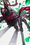  armor black_armor blood blood_on_teeth chainsaw_devil chainsaw_man colored_blood commentary_request crack demon demon_horns extra_arms gigan_(gigan1024896) green_blood highres horns intestine_clothing monster multiple_weapons sharp_teeth teeth weapon white_background 