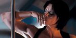  1girl absurdres black_hair cigar cigarette clothes_around_waist commentary english_commentary highres holding holding_cigarette holster jill_valentine katkatty06 resident_evil resident_evil_(movie) resident_evil_3:_nemesis short_hair shoulder_holster smoke smoke_trail smoking solo sweater sweater_around_waist 