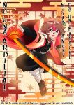  1girl :3 :d absurdres animal_ears bandage_on_leg bandaid bandaid_on_face bandaid_on_nose belt black_jacket black_pants black_socks blue_eyes brown_hair brown_tail colored_tips commentary_request demon_slayer_uniform egasumi fighting_stance floating fluffy_tail geta gold_buttons hair_ornament haori headwear_request highres holding holding_sword holding_weapon jacket japanese_clothes katana kimetsu_no_yaiba kuro_nya leaf leaf_hair_ornament leg_wrap looking_at_viewer maple_leaf multicolored_eyes multicolored_hair open_mouth orange_haori owozu pants pants_tucked_in raccoon_ears raccoon_girl raccoon_tail rakkun_sutaru rakkun_sutaru_(2nd_costume) red_eyes red_hair red_haori sandals shirt short_hair shouji sliding_doors smile socks spanish_commentary spanish_text streaked_hair sword tabi tail translation_request tsuba_(guard) tsuka_(handle) two-tone_hair v-shaped_eyebrows virtual_youtuber weapon white_belt white_shirt 