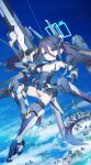  1girl absurdres aqua_halo aris_(armed)_(blue_archive) aris_(blue_archive) azarashi_gohan bare_shoulders black_hair blue_archive blue_eyes blue_necktie blue_sky breasts closed_mouth cloud cloudy_sky commentary_request double-parted_bangs full_body gun hair_between_eyes halo headgear highres holding holding_gun holding_weapon leotard lineart long_hair long_hair_between_eyes mecha_musume mechanical_arms mechanical_legs mechanical_wings necktie official_alternate_costume official_alternate_hairstyle rectangular_halo ring_of_light_(blue_archive) ringed_eyes short_necktie showgirl_skirt sky small_breasts smile solo thighhighs twintails v-shaped_eyebrows very_long_hair weapon white_leotard wings 