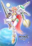  1girl armor breasts character_name commentary_request covered_navel dated full_body gem green_eyes green_gem highres holding holding_sword holding_weapon joints long_hair looking_at_viewer mecha mecha_focus medium_breasts official_artist_extra open_hand open_mouth outstretched_arm oyomesandazo planet red_hair robot robot_joints signature smile solo space star_(sky) super_robot_wars super_robot_wars_original_generation sword valsione valsione_r very_long_hair weapon 