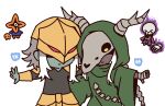  >_< 2boys 2girls aki_(xdd) animal_skull arm_around_shoulder armor bad_id bad_pixiv_id bandages chibi chibi_only cloak colored_skin crying crying_with_eyes_open dark-skinned_female dark_skin fire flaming_head flaming_skull gameplay_mechanics green_cloak grey_skin long_hair mask minion_(slay_the_spire) multiple_boys multiple_girls osty_(slay_the_spire) protecting robe shoulder_armor simple_background skull skull_on_head slay_the_spire slay_the_spire_2 tears the_ironclad_(slay_the_spire) the_necrobinder_(slay_the_spire) the_regent_(slay_the_spire) the_silent_(slay_the_spire) very_dark_skin white_background white_hair yellow_eyes 