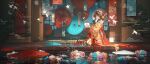  1girl absurdres architecture brown_hair chinese_commentary commentary_request commission east_asian_architecture floral_print floral_print_kimono flower hair_flower hair_ornament highres holding holding_lantern indoors japanese_clothes kimono kneeling lantern long_hair looking_at_viewer oil-paper_umbrella original paper_lantern print_kimono solo toto_(caaaaarrot) umbrella washitsu 