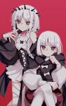  1boy 1girl bare_shoulders black_cloak black_dress black_jacket black_vest blush braid breasts cloak colored_inner_hair commentary crossed_legs dress dual_persona fate/grand_order fate_(series) francesca_prelati_(fate) francesca_prelati_(third_ascension)_(fate) francois_prelati_(fate) francois_prelati_(third_ascension)_(fate) grey_hair head_spikes highres jacket long_hair long_sleeves looking_at_viewer moumazimuri multicolored_hair off_shoulder pantyhose parted_bangs puffy_shorts red_background red_eyes red_shorts ringed_eyes shirt short_hair shorts sitting small_breasts smile solo stomach_mouth teeth thighs twin_braids two-tone_dress vest white_dress white_hair white_pantyhose white_shirt 