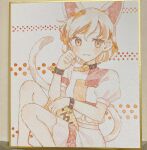  1girl animal_ears bell blush calico_(pattern) cat_ears cat_girl cat_tail coin commentary_request gold goutokuji_mike highres jingle_bell koban_(gold) looking_at_viewer mozukuzu_(manukedori) multicolored_hair multicolored_shirt multicolored_tail neck_bell patchwork_clothes paw_pose photo_(medium) puffy_short_sleeves puffy_sleeves shikishi shirt short_sleeves skirt smile solo streaked_hair tail touhou traditional_media white_shirt white_skirt 