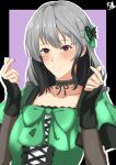  1girl absurdres artist_name assault_lily black_border black_bow black_choker black_gloves black_hair blush border bow choker closed_mouth collarbone colored_inner_hair commentary_request cosplay cross-laced_clothes cross-laced_top double_finger_heart elbow_gloves finger_heart fingerless_gloves frilled_choker frills gloves green_bow green_shirt grey_hair hair_bow hands_up hata_matsuri highres looking_at_viewer medium_hair multicolored_hair outline outside_border purple_background purple_eyes ribbon_choker senri_(senri03151221) shirt short_sleeves simple_background smile solo tanaka_tomomi tanaka_tomomi_(cosplay) two-tone_hair upper_body voice_actor_connection white_outline wide_sleeves 