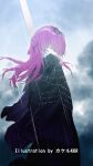  1girl alternate_hairstyle artist_name black_jacket cloud cloudy_sky commentary_request eyewear_on_head from_side hair_down honkai:_star_rail honkai_(series) jacket jacket_on_shoulders kafka_(honkai:_star_rail) kafka_(impression)_(honkai:_star_rail) long_hair looking_at_viewer official_alternate_costume purple_eyes purple_hair rain sky solo spider_web_print srpzk sunglasses 