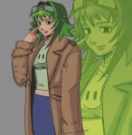  1girl absurdres black_eyes blue-tinted_eyewear blue_skirt brown_coat coat collarbone commentary finger_to_eye goggles goggles_on_head green_hair grey-framed_eyewear grey_background grey_shirt gumi hair_intakes hatsuno highres long_sleeves looking_at_viewer midriff shirt simple_background skirt smiley_face solo tinted_eyewear tongue tongue_out upper_body vocaloid zoom_layer 