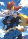  artist_name blue_sky blush braixen carrying carrying_person closed_eyes cloud commentary_request fang fangs happy lucario makoto_ikemu no_humans open_mouth outdoors pokemon pokemon_(creature) skin_fang skin_fangs sky spikes standing tail 
