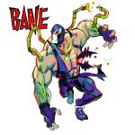  1boy back_spikes bane batman_(series) black_mask bodysuit character_name commentary cowl dc_comics dynamic_pose english_commentary english_text fingerless_gloves full_body gas gloves glowing_veins highres mask multicolored_mask muscular muscular_arms muscular_male neal_d._anderson red_eyes simple_background steroids superhero_costume tube two-tone_mask white_background white_facepaint white_mask 