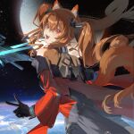  1girl :d absurdres angelina_(arknights) animal_ear_fluff animal_ears arknights arknights:_endfield bare_shoulders black_dress black_gloves brown_hair cccard commentary crossed_bangs dress from_behind gilberta_(arknights) gloves hair_between_eyes highres infection_monitor_(arknights) lens_flare light_particles long_hair long_sleeves looking_at_viewer looking_back open_mouth planet red_dress red_eyes sidelocks smile solo space turning_head v 