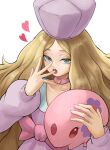  1girl blonde_hair blue_eyes caitlin_(pokemon) commentary_request dress hat highres long_hair munna neoruru_illust parted_bangs pink_dress pink_hat pokemon pokemon_(creature) pokemon_black_and_white solo very_long_hair yawning 