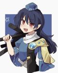  1girl :d arm_at_side armor blue_background blue_gem blue_hair blue_hat blue_shirt blue_theme blush carrying_over_shoulder coat collared_shirt commentary contrast_collar cropped_torso double-parted_bangs from_side gem gold_armor hair_between_eyes hair_flaps hand_up hat high_collar holding holding_tripod iizunamaru_megumu long_hair looking_at_viewer minoru_minoru open_mouth pointy_ears red_eyes ribbon-trimmed_sleeves ribbon_trim sash shirt shoulder_guard sideways_glance simple_background sleeve_garter sleeveless sleeveless_coat smile solo star_(symbol) tokin_hat touhou tripod two-tone_background v-shaped_eyebrows white_background white_sash wide_sleeves 